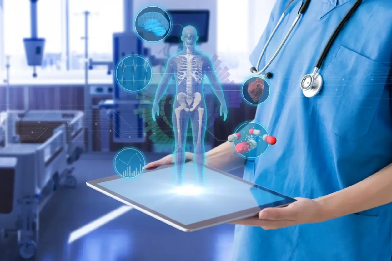 An artificial image of a person projecting a human body hologram on a tablet